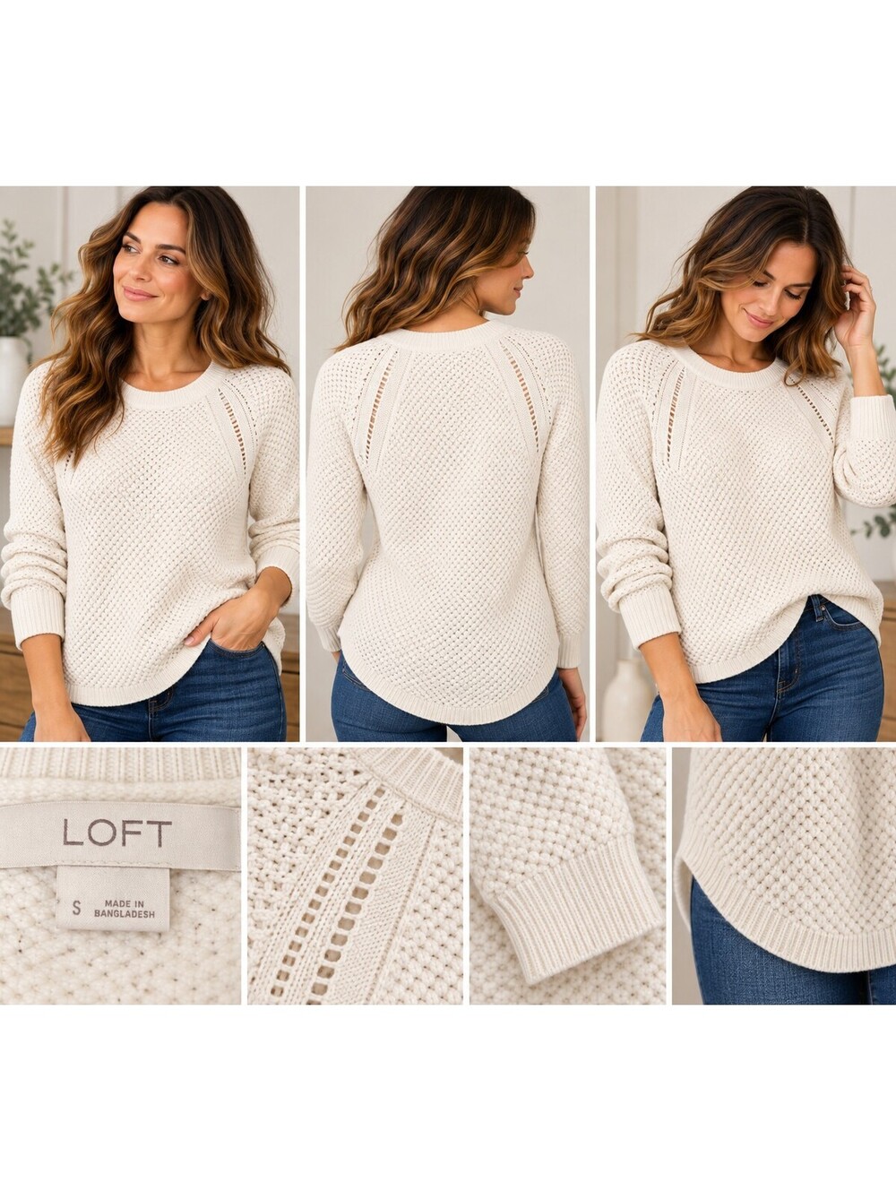 LOFT Textured Open Knit Sweater S cream Wool Blend High Low Hem